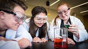 Three students inspect beakers with colorful liquids